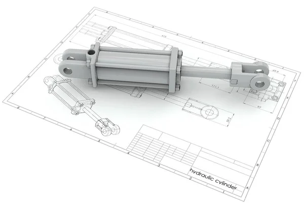 3d illustration of hydraulic cylinder above technical engineering drawing