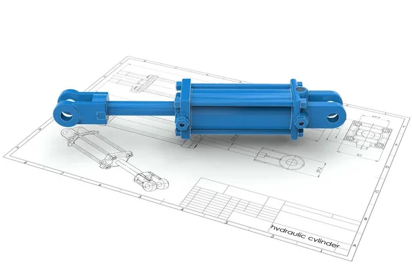 3d illustration of hydraulic cylinder above technical engineering drawing