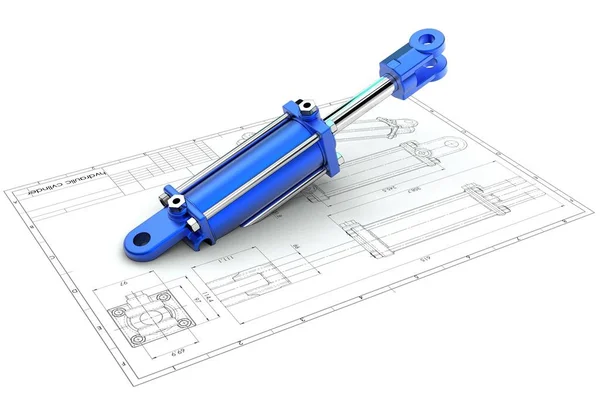 Illustration Hydraulcylinder Över Teknisk Ritning — Stockfoto