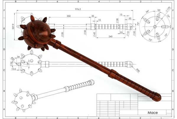 Illustratie Van Middeleeuwse Viking Mace Boven Technische Engineering Tekening — Stockfoto