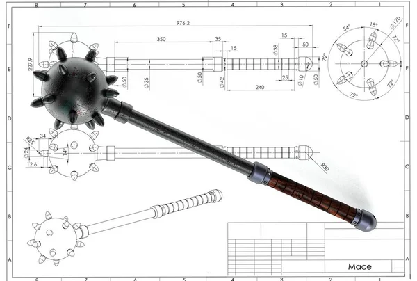 Ilustración Maza Vikinga Medieval Por Encima Del Dibujo Ingeniería Técnica —  Fotos de Stock