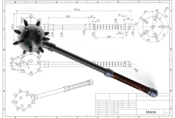 3d illustration of medieval viking mace above technical engineering drawing