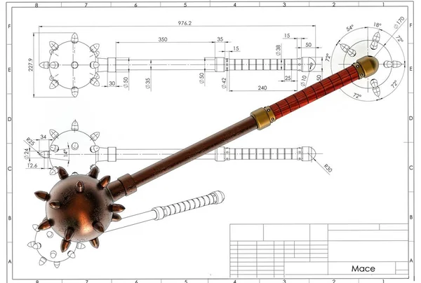 Ilustración Maza Vikinga Medieval Por Encima Del Dibujo Ingeniería Técnica —  Fotos de Stock