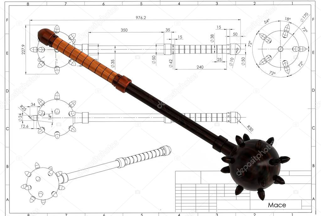 3d illustration of medieval viking mace above technical engineering drawing