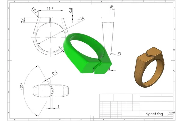 3D illustration of signet ring above engineering drawing