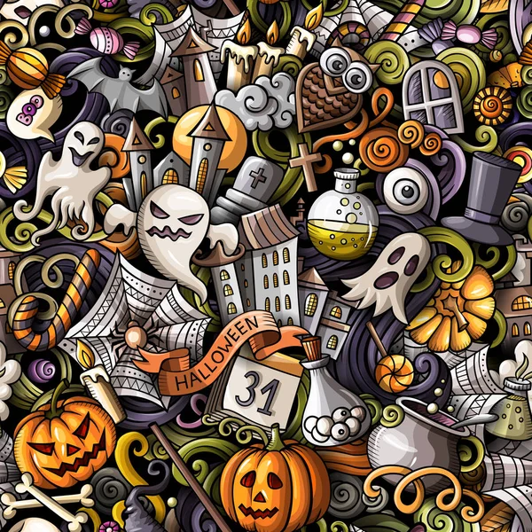 Dibujos animados garabatos lindo dibujado a mano patrón sin costuras de Halloween — Foto de Stock