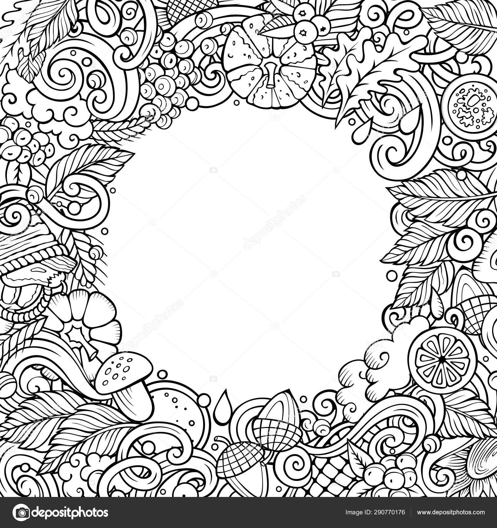 Cartoon doodles Autumn frame design. Sketchy fall funny border Stock ...