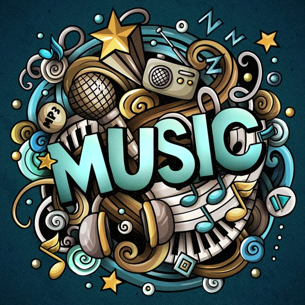 Cartoon niedliche Doodles Musik Wort. Bunte Illustration. — Stockfoto