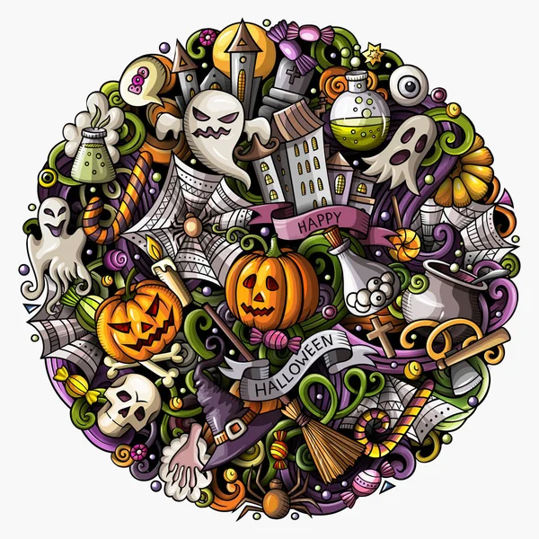 Cartoon Doodles Happy Halloween ilustracji. Jasne kolory śmieszne okrągłe zdjęcie — Zdjęcie stockowe