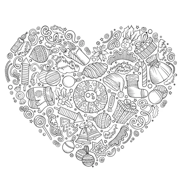 Set of New Year cartoon doodle objects. Heart composition — Stock Photo, Image