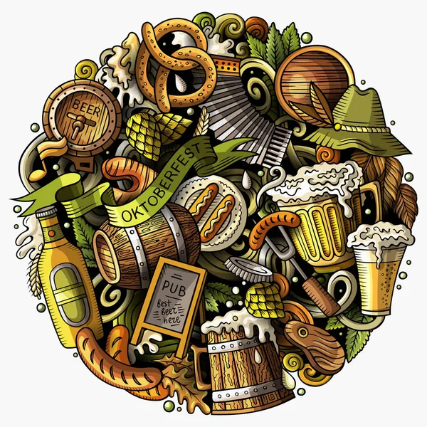 Kreskówka Doodles Beer Fest ilustracji. Oktoberfest śmieszne okrągły obraz — Zdjęcie stockowe