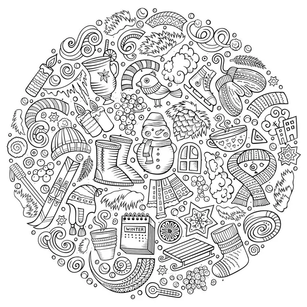 Conjunto de dibujos animados de invierno doodle objetos, símbolos y artículos — Foto de Stock