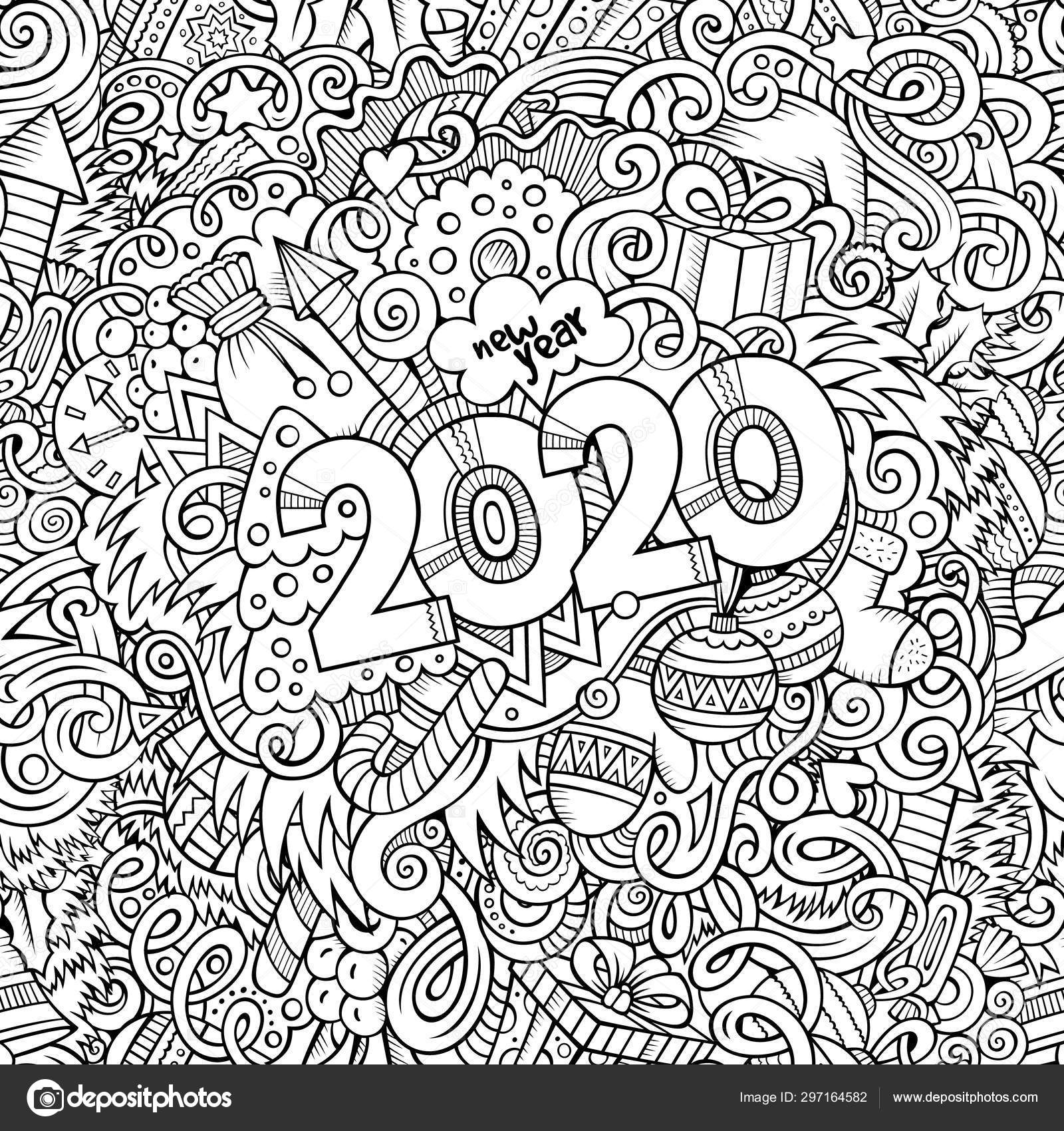 2020 hand drawn doodles contour line illustration. New Year poster
