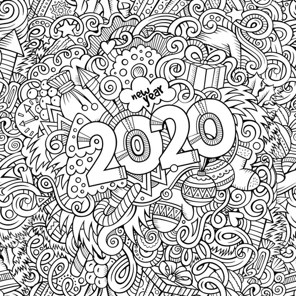 2020 handgezeichnete Doodles Konturlinie Illustration. Neujahrsplakat. — Stockvektor