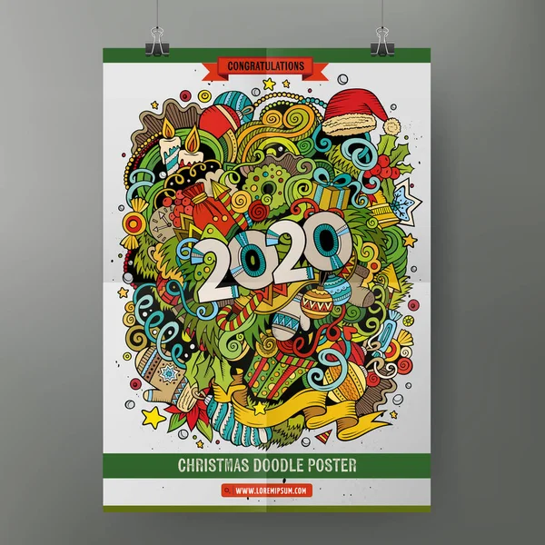 Dibujos animados dibujado a mano colorido garabatos 2020 Año plantilla de póster . — Vector de stock