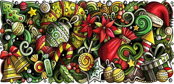 Cartoon doodles New Year horizontal stripe illustration — Stock Photo, Image