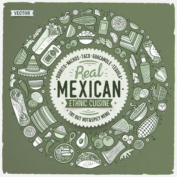 Meksika gıda karikatür doodle nesneleri, semboller ve öğeleri seti — Stok Vektör