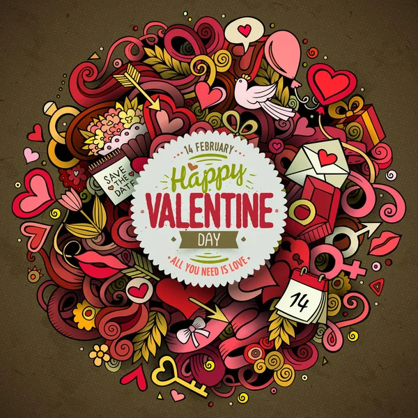 Dessin animé vecteur dessiné à la main Doodle Happy Valentines Day illustration — Image vectorielle