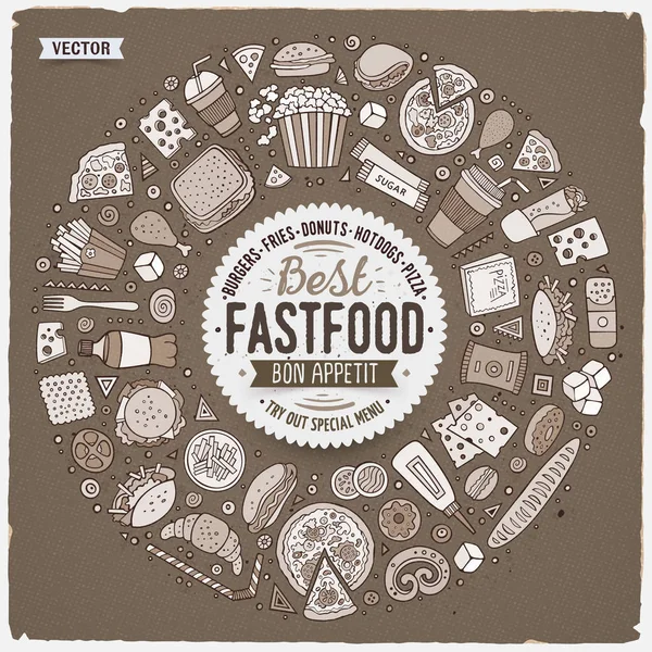 Set di oggetti, simboli e oggetti di scarabocchio dei cartoni animati fast food — Vettoriale Stock