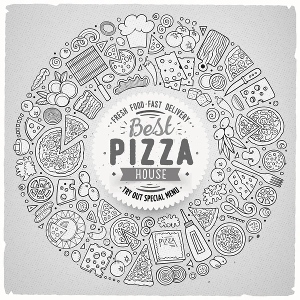 Conjunto de Pizza desenhos animados doodle objetos, símbolos e itens —  Vetores de Stock