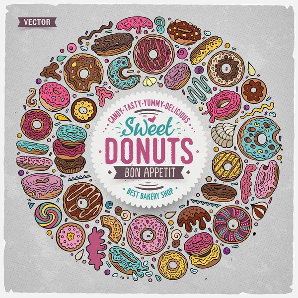 Conjunto de Donuts dibujos animados doodle objetos, símbolos y artículos — Vector de stock