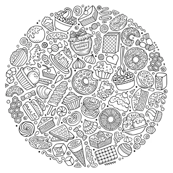 Conjunto de Dulce comida de dibujos animados doodle objetos, símbolos y artículos — Vector de stock