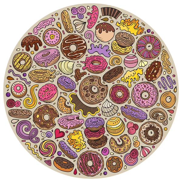 Colorido vector dibujado a mano conjunto de Donuts dibujos animados doodle objetos — Vector de stock