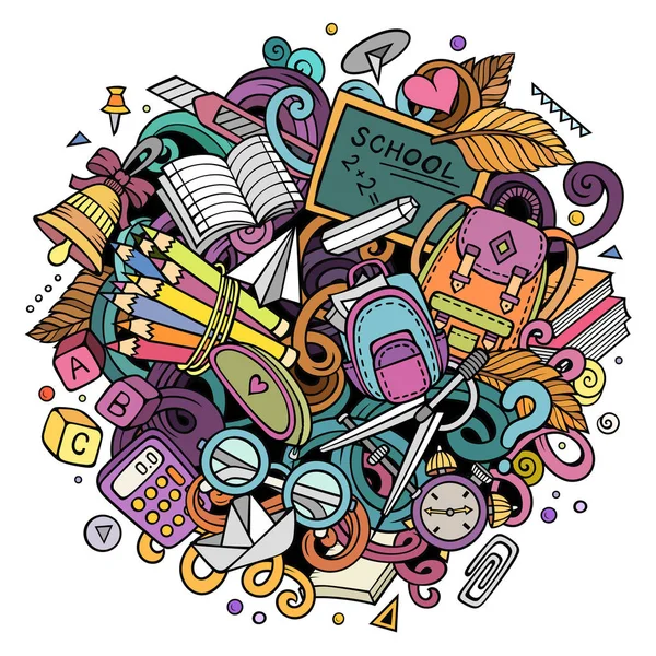 Κινούμενα σχέδια χαριτωμένα doodles Επιστροφή στο σχολείο Πολύχρωμη απεικόνιση — Διανυσματικό Αρχείο