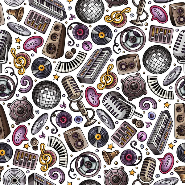 Dessin animé dessin à la main disco musique motif sans couture — Image vectorielle