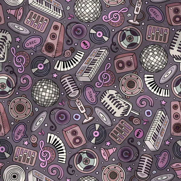 Dessin animé dessin à la main disco musique motif sans couture — Image vectorielle
