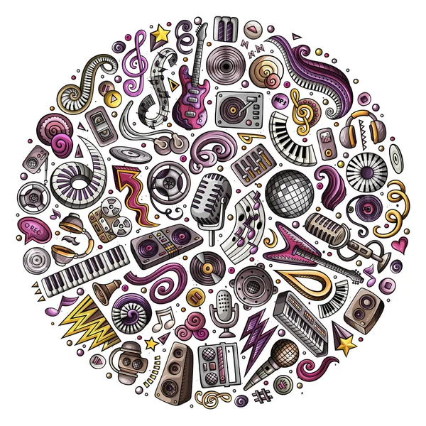 Reihe von Vektor-Cartoon-Doodle musikalische Objekte in einem Kreis gesammelt — Stockvektor