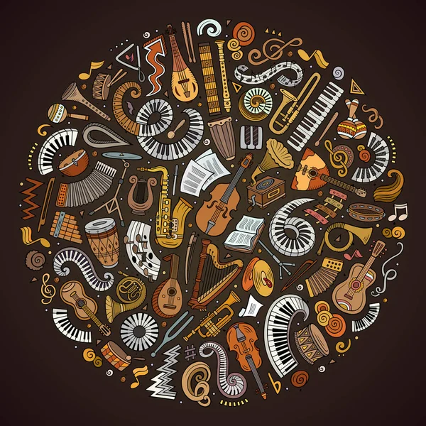 Ensemble d'instruments de musique et d'objets de dessin animé vectoriel gribouillis collectés en cercle — Image vectorielle