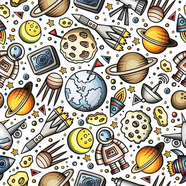 Cartoon handgezeichneten Raum, Planeten nahtlose Muster — Stockvektor