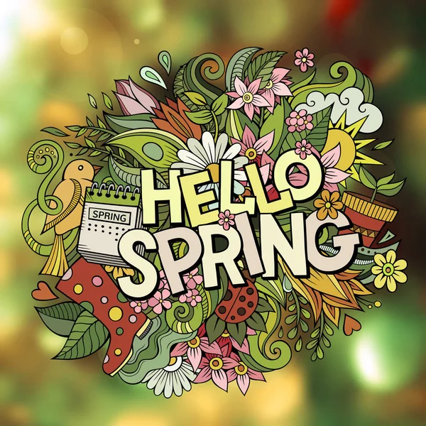 Иллюстрация Hello Spring, нарисованная вручную — стоковый вектор