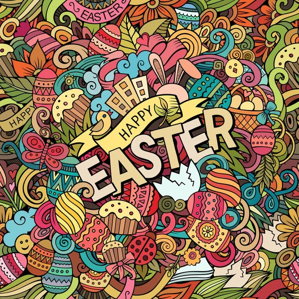 Cartoon hand-drawn doodles Happy Easter background — Stock Vector