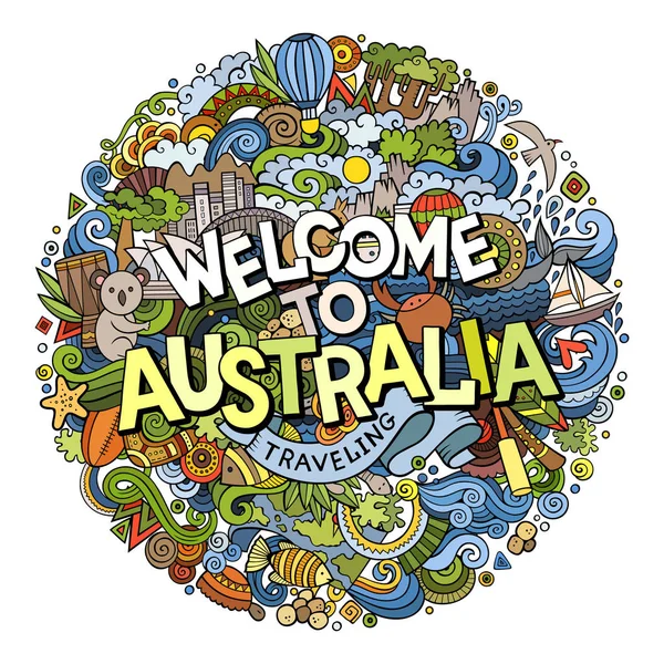 Cartoon cute doodles hand drawn Welcome to Australia inscription — Stock Vector