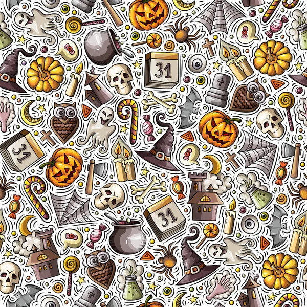 Desenhos animados mão bonito desenhado Halloween sem costura padrão —  Vetores de Stock