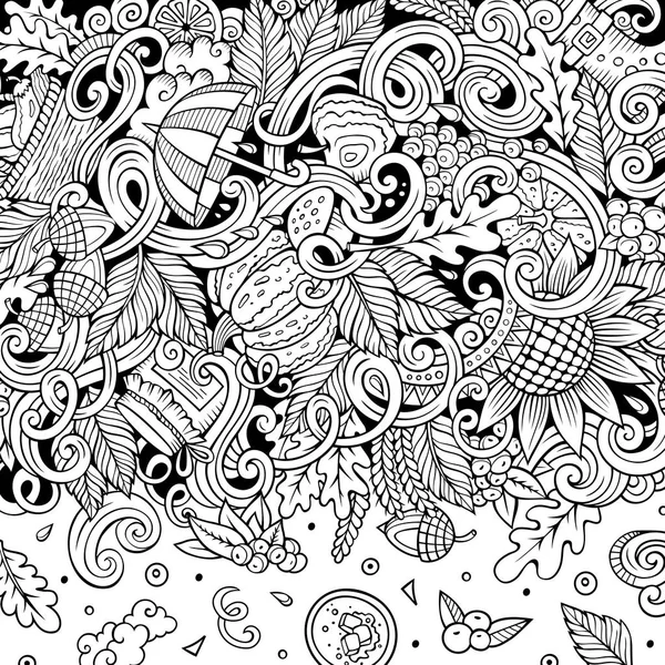 Cartoon vector doodles Cornice d'autunno. Line art, con un sacco di oggetti illustrazione — Vettoriale Stock