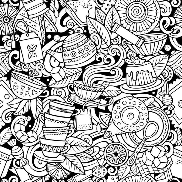 Desenhos animados bonito doodles mão desenhada Tea House sem costura padrão . —  Vetores de Stock