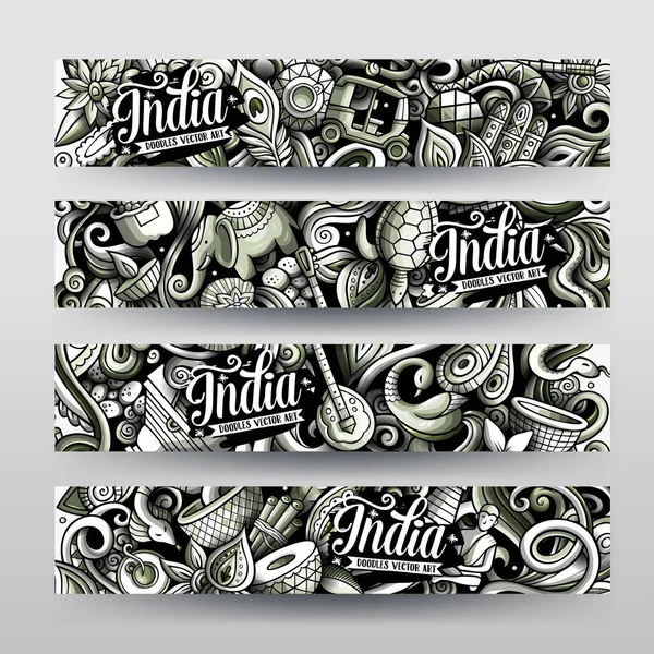 India mano disegnato doodle banner set. Volantini dettagliati del fumetto . — Vettoriale Stock