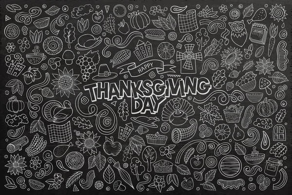 Jeu de dessins animés dessinés à la main d'objets et de symboles de Thanksgiving — Image vectorielle