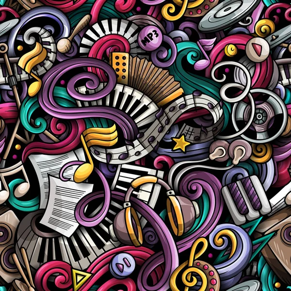 Music hand drawn doodles seamless pattern. Musical instruments background. Cartoon fabric print design. Colorful raster art illustration