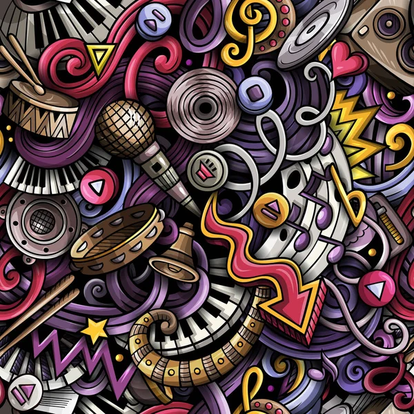 Music hand drawn doodles seamless pattern. Musical instruments background. Cartoon fabric print design. Colorful raster art illustration — Stock Photo, Image