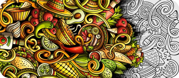 Мексиканская еда нарисовала баннер с каракулями. Мультфильм подробный флаер . — стоковое фото