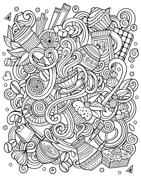 Cafe śmieszne strony rysowane raster doodles ilustracja. — Zdjęcie stockowe