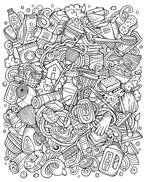 Rengöring hand ritade raster doodles rolig illustration. — Stockfoto