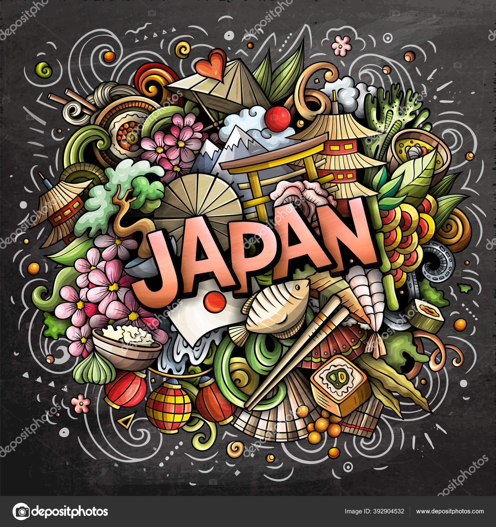Japan hand drawn cartoon doodles illustration. Funny travel design. Stock  Photo by ©3dsparrow 392904532