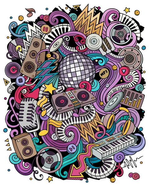 Cartoon raster doodles Disco muziek illustratie. Heldere kleuren muzikaal beeld — Stockfoto