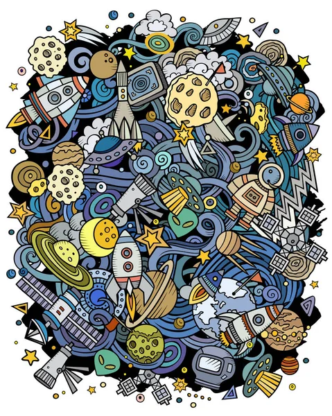 Cartoon-Raster-Doodles Space Illustration. Leuchtende Farben kosmische lustiges Bild — Stockfoto