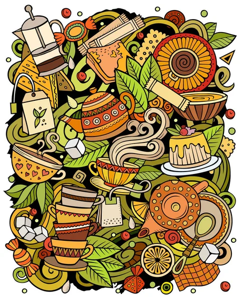 Cartoon raster doodles Tea time illustration. Cores brilhantes Café imagem engraçada — Fotografia de Stock